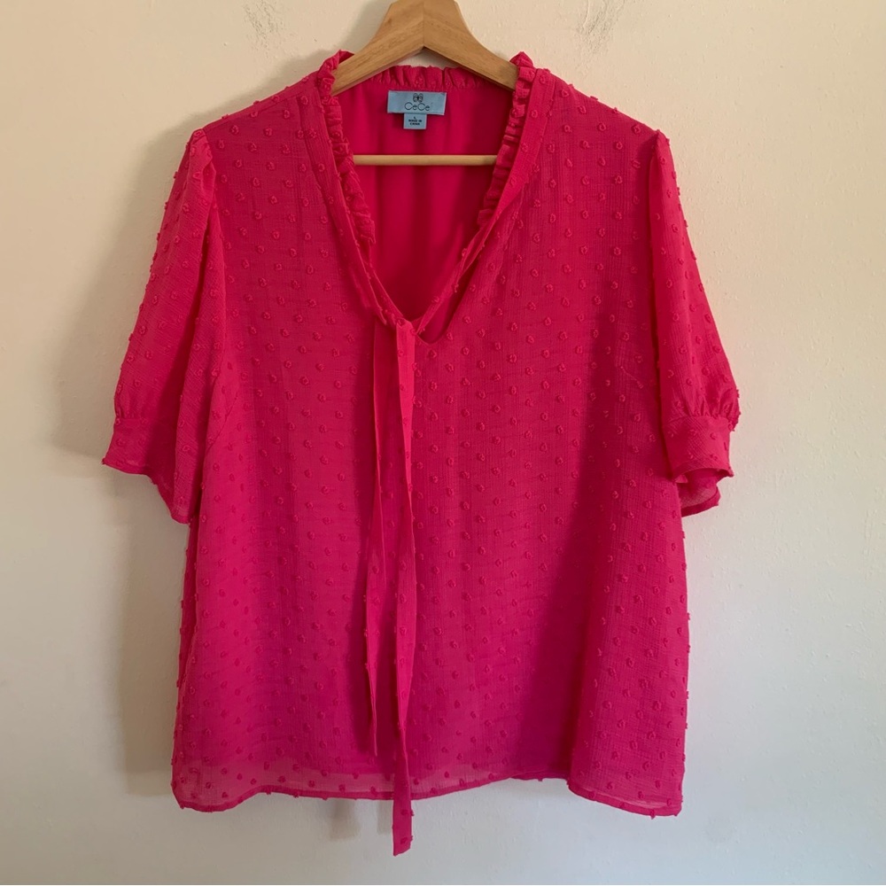CeCe Fuchsia Swiss Dot V-Neck Tie Blouse